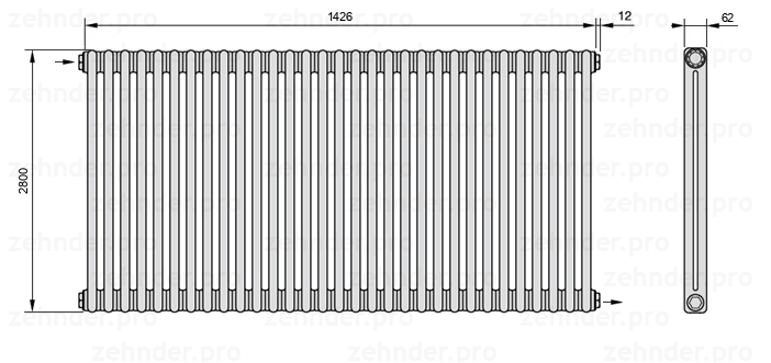 Схема (чертеж) Радиатор Zehnder Charleston 2280/31 №1670 Белый глянцевый RAL 9016